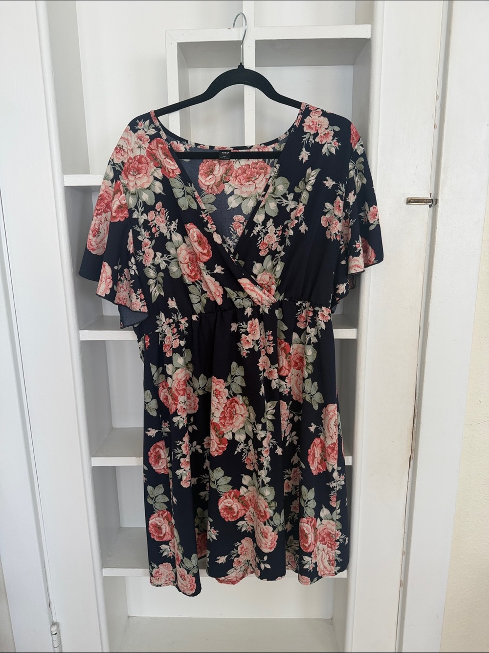 SHEIN Navy Floral Wrap Mini Dress with Pink Roses